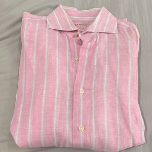 Men's Pink linen Vertical-Stripe Button-Down Shirt